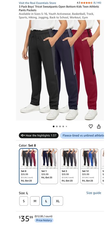 Real Essentials Boys' Tricot Sweatpants 3-Pack Size L- Est. Retail $35.99