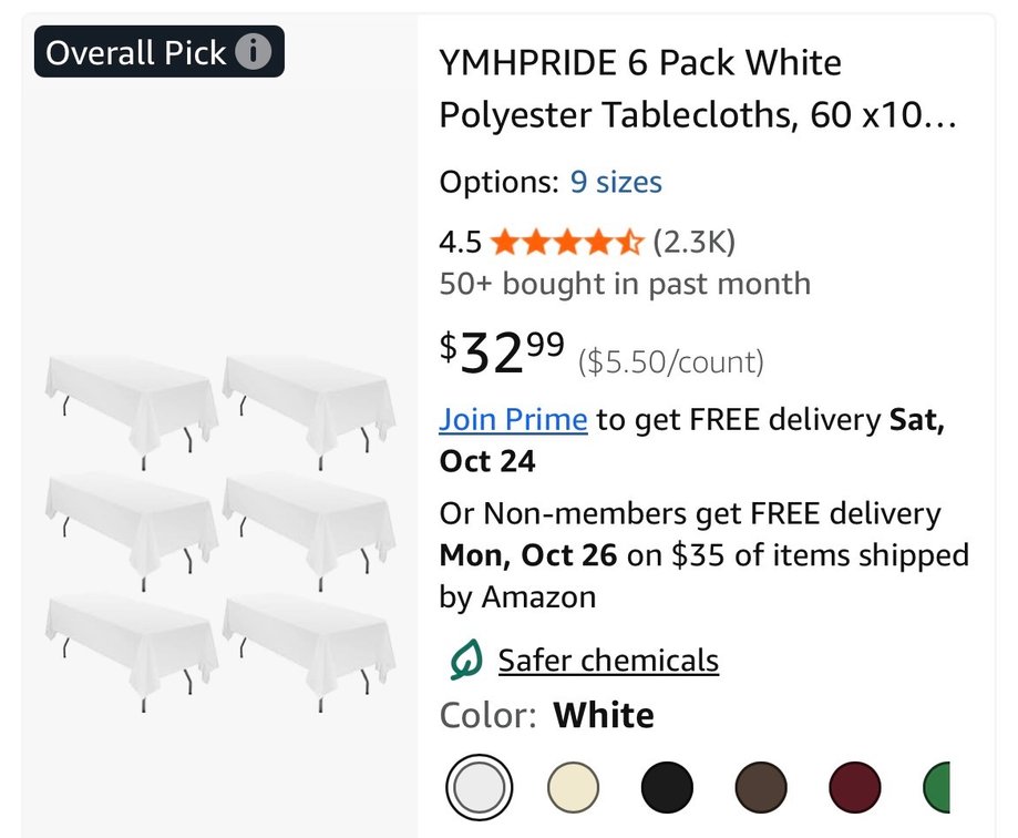 White Polyester Tablecloths, 6 Pack - Est. Retail $32.99