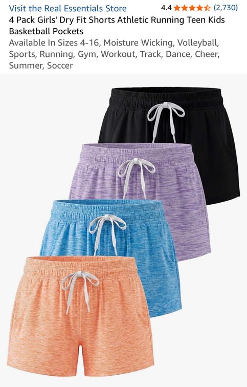 Real Essentials Girls' Dry Fit Shorts 4-Pack, XS - Est. Retail $34.99
