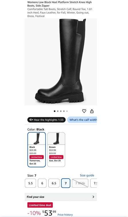 Women's Knee-High Platform Stretch Boots, Black, Size 7- Est. Retail $54