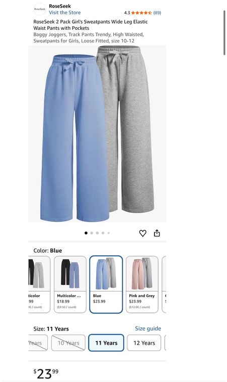 RoseSeek Girl's 2-Pack Wide Leg Sweatpants, Size 11- Est. Retail $23.99