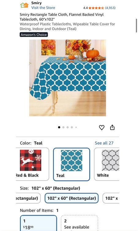 Smiry Flannel-Backed Vinyl Tablecloth 60" x 102" Teal - Est. Retail $18.99