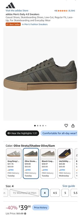adidas Men's Daily 4.0 Sneakers Size 4- Est. Retail $65