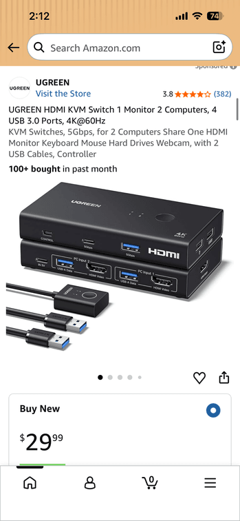 UGREEN HDMI KVM Switch 2 In 1 Out- Est. Retail $29.99