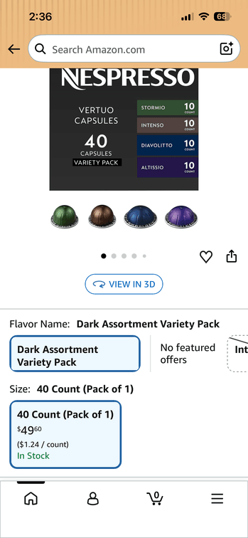 Nespresso Vertuo Coffee Capsules Dark Assortment 40-Ct - Est. Retail $49.60