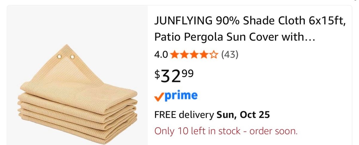 JUNFLYING 6 x 15 ft 90% Tan Shade Cloth - Est. Retail $32.99