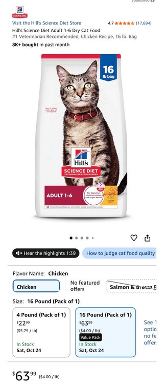 Hill's Science Diet Adult 1-6 Dry Cat Food, 16 lb - Est. Retail $63.99