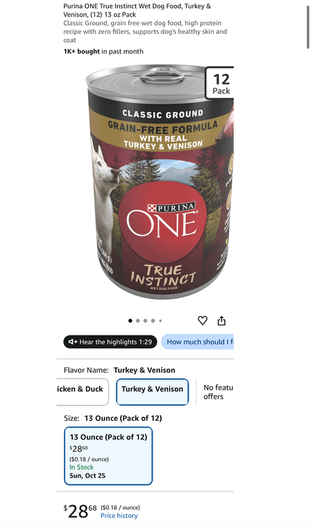 Purina ONE True Instinct Turkey & Venison Wet Dog Food, 12-Pack- Est. Retail $29