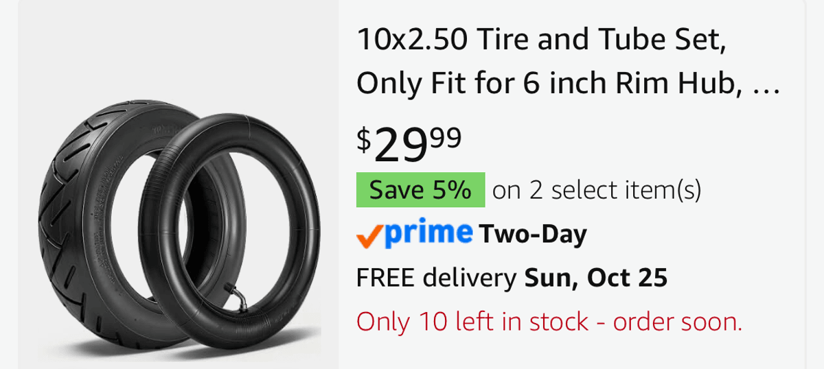 Electric Scooter 10x2.50 Tire and Tube Set - Est. Retail $29.99