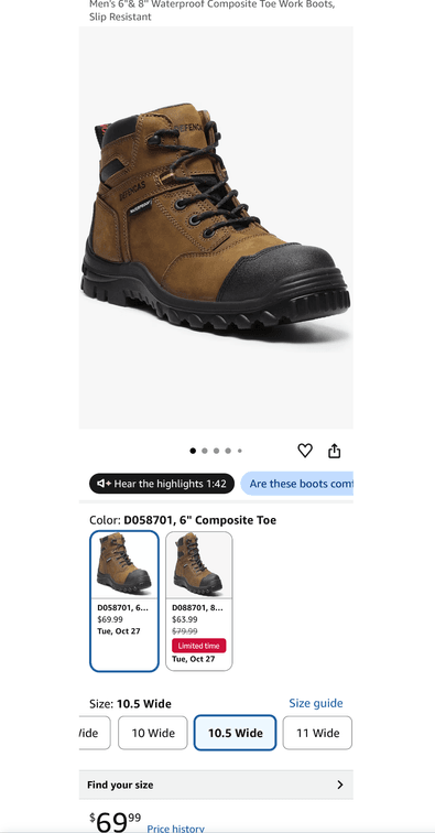 DEFENCAS Men's 6" Waterproof Composite Toe Work Boots, Size 10.5 Wide- Est. Retail $69.99