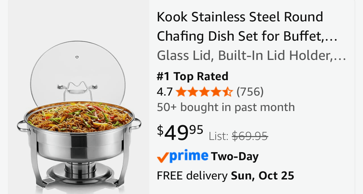 Kook Stainless Steel Round Chafing Dish Set - Est. Retail $50