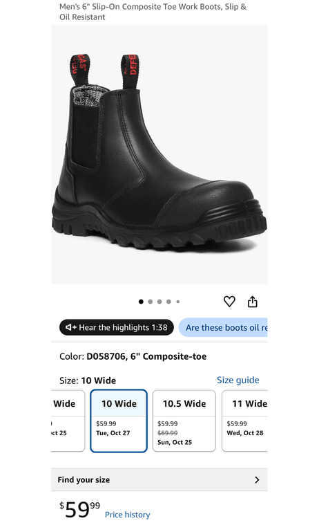 DEFENCAS Men's 6" Composite Toe Work Boots Size 10W - Est. Retail $59.99