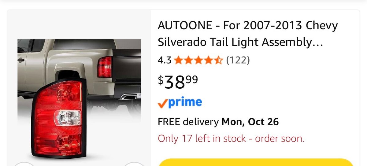AUTOONE 2007-2013 Chevy Silverado Tail Light Assembly- Est. Retail $38.99