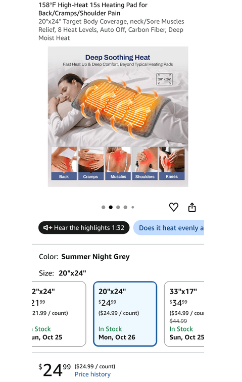 Electric Heating Pad, 20 x 24 in, Summer Night Grey- Est. Retail $25