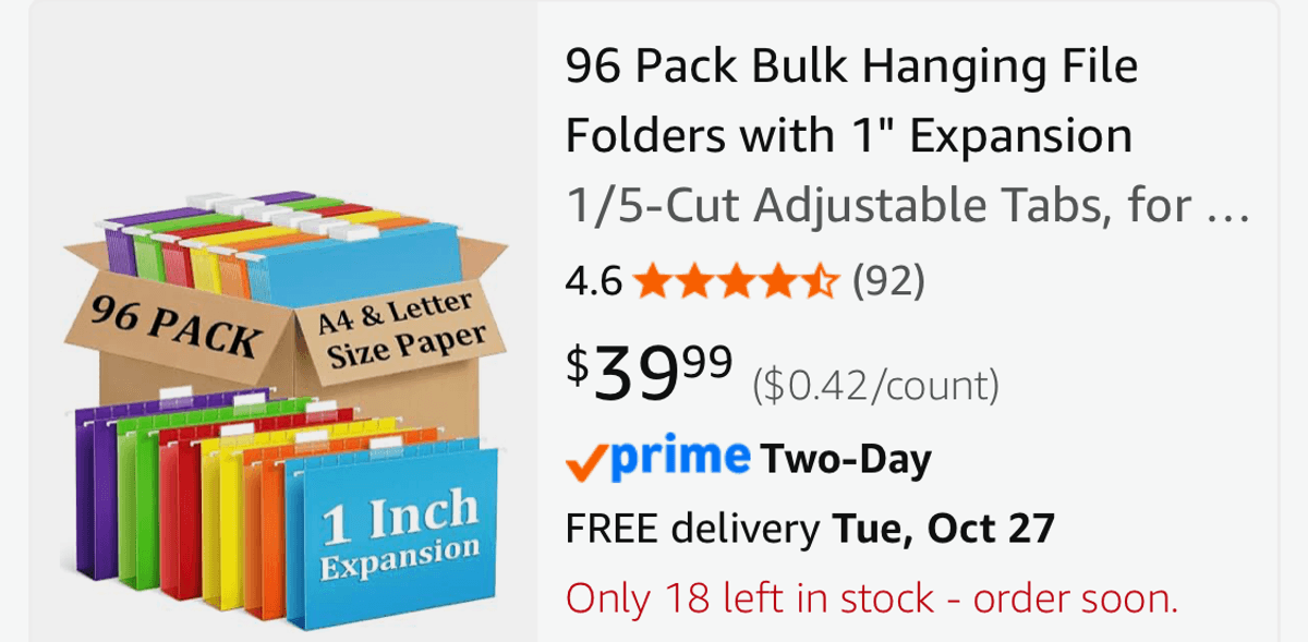 96-Pack Hanging File Folders with 1 in Expansion- Est. Retail $40