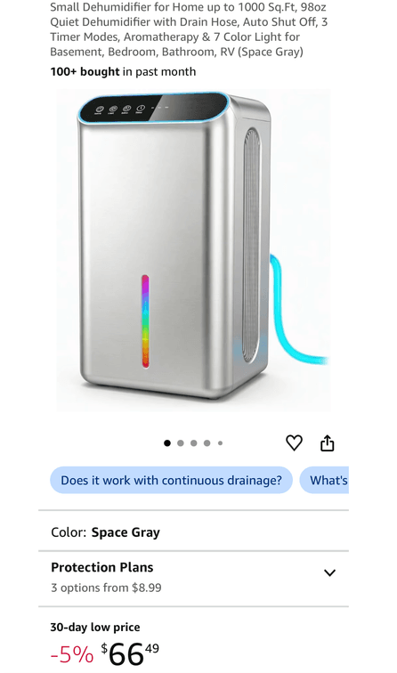 Space Gray Compact Dehumidifier with Drain Hose- Est. Retail $66