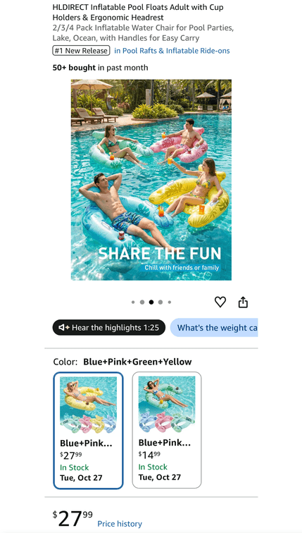 HLDIRECT Inflatable Pool Floats - Est. Retail $28
