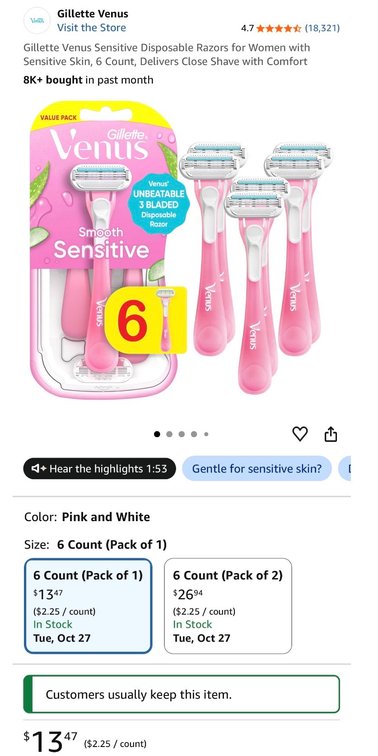Gillette Venus Smooth Sensitive 3-Blade Disposable Razors, 12-Pack- Est. Retail $26.94
