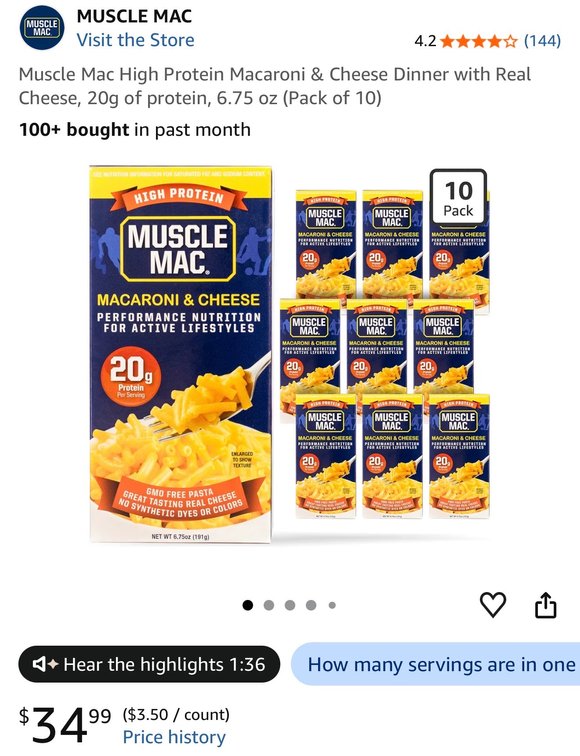 Muscle Mac High Protein Macaroni & Cheese Dinner, 10 Pack- Est. Retail $35