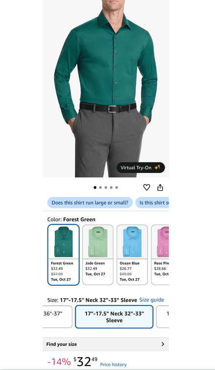 Men's Long-Sleeve Dress Shirt, Forest Green, 17-17.5 Neck 32-33 Sleeve- Est. Retail $32