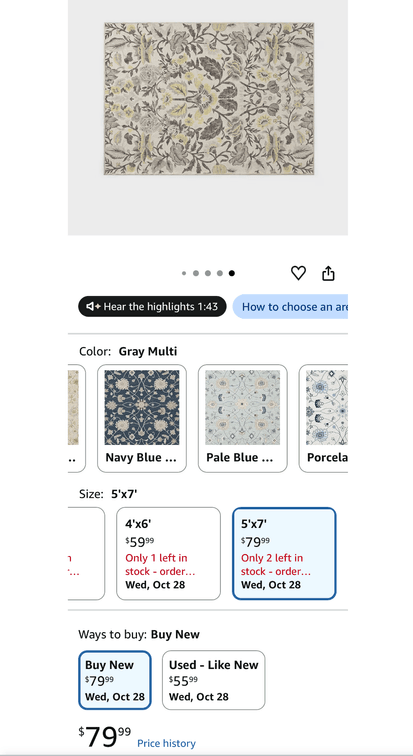 EVERGRACE Washable Area Rug, Gray Multi, 5 x 7 ft- Est. Retail $80