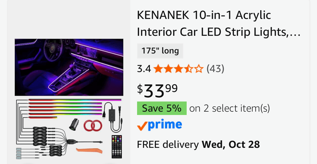 KENANEK 10-in-1 Interior Car LED Strip Lights - Est. Retail $33.99