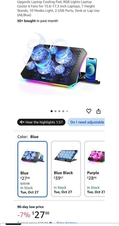 6-Fan RGB Laptop Cooling Pad - Est. Retail $28