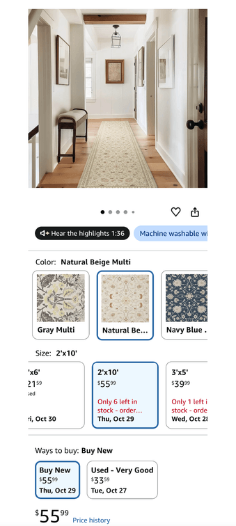 Natural Beige Multi Runner Rug, 2 ft x 10 ft- Est. Retail $56