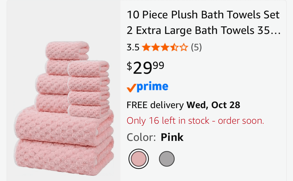 10-Piece Plush Bath Towel Set in Pink - Est. Retail $30