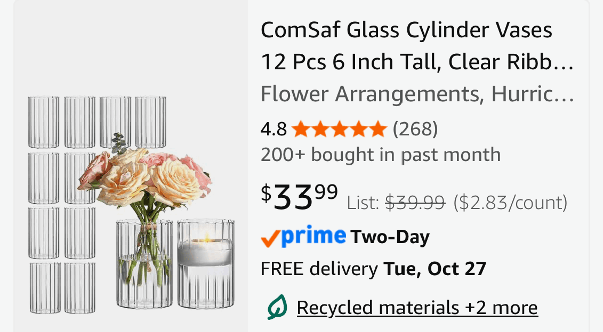 ComSaf 6 Inch Ribbed Glass Cylinder Vases, Set of 12- Est. Retail $34