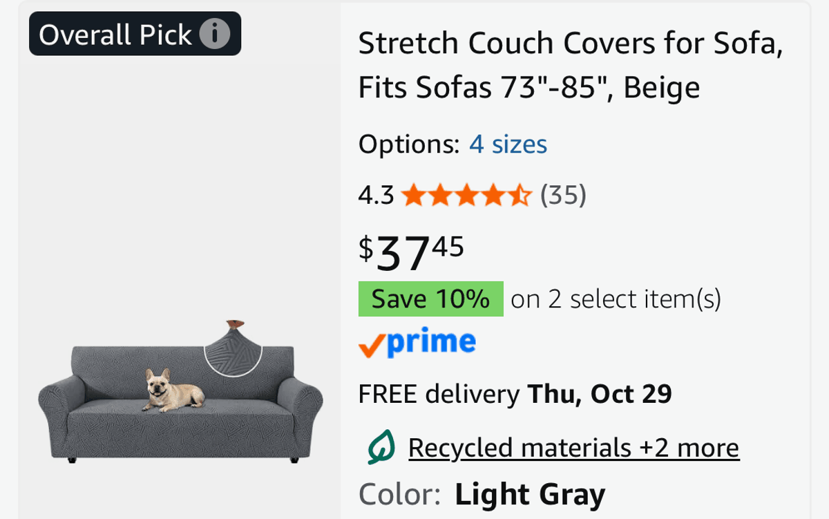 3-Seater Stretch Sofa Slipcover, Light Gray - Est. Retail $37