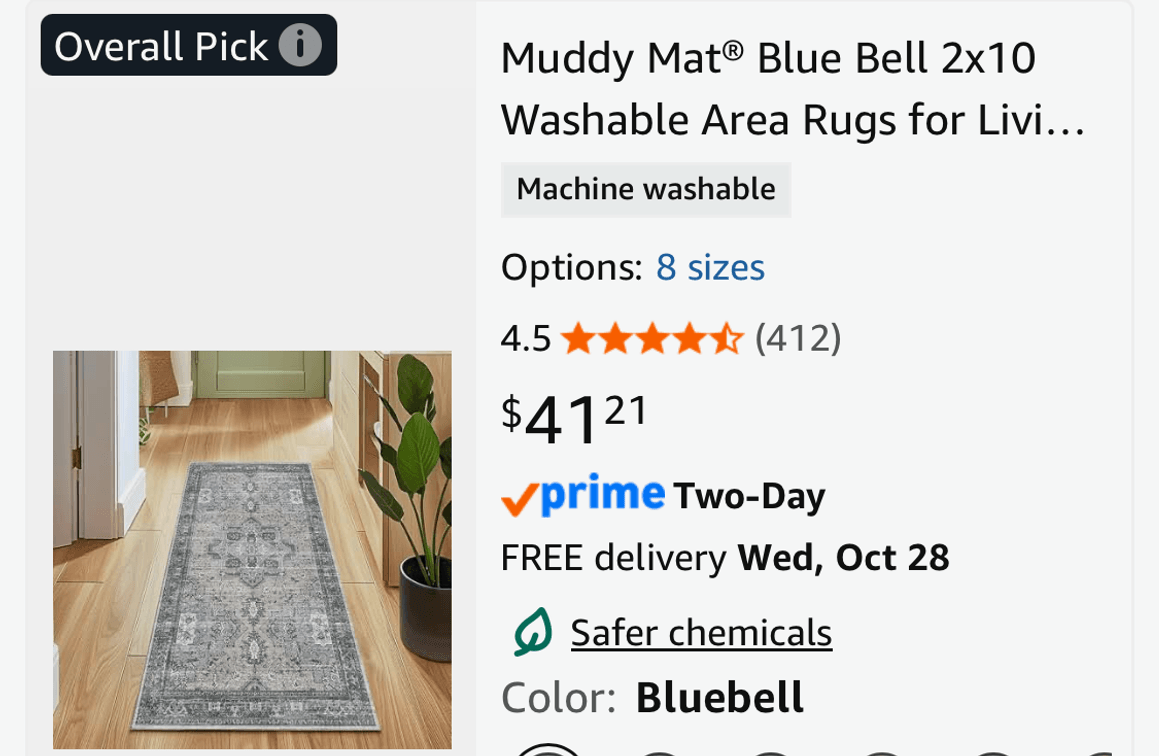 Muddy Mat Blue Bell Washable Runner Rug 2x10- Est. Retail $41.21