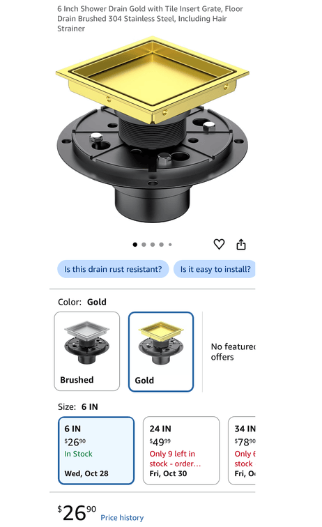 6 Inch Gold Tile Insert Shower Drain- Est. Retail $26.90