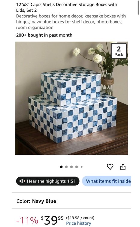 Navy Blue and White Capiz Shell Storage Boxes, Set of 2- Est. Retail $39