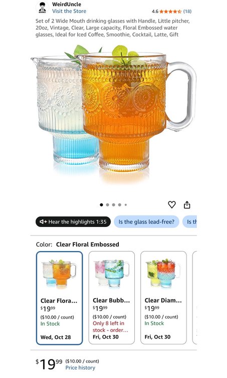 Set of 2 Floral Embossed Handled Drinking Glasses, 20 oz- Est. Retail $19.99