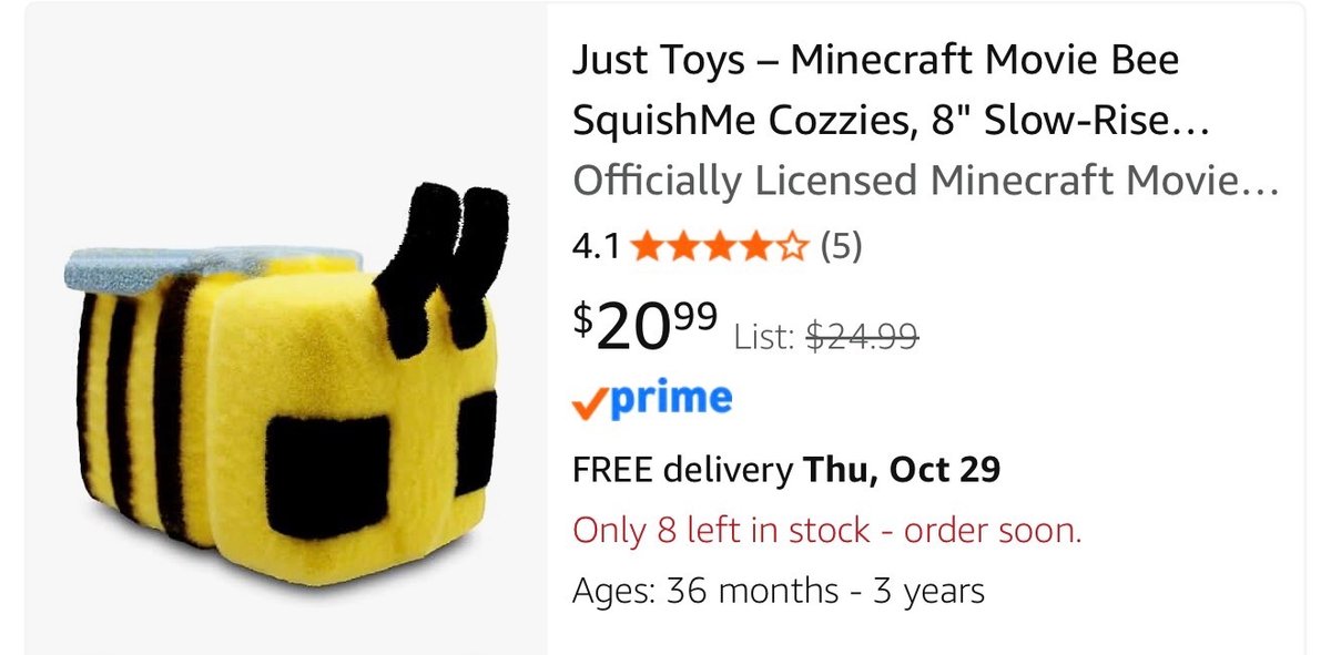Minecraft Movie SquishMe Cozzies Bee Plush- Est. Retail $25