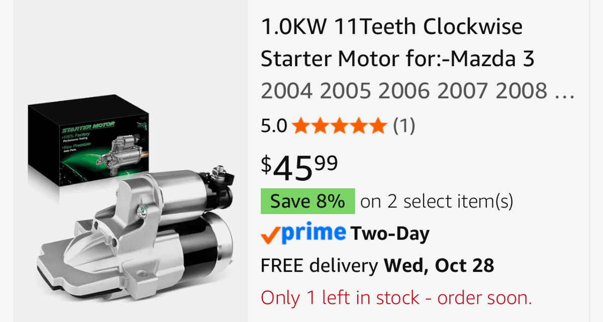 1.0KW 11-Teeth Starter Motor for Mazda 3 2004-2008- Est. Retail $45.99