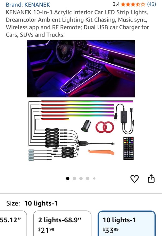 KENANEK Interior Car LED Strip Light Kit - Est. Retail $34