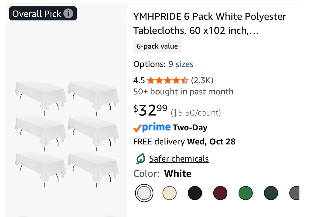 YMHPRIDE 6-Pack White Polyester Tablecloths- Est. Retail $32.99