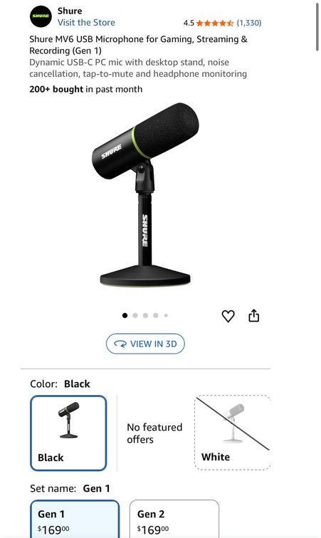 Shure MV6 USB Gaming Microphone- Est. Retail $169