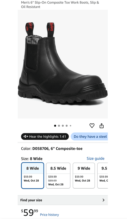 Men's 6" Slip-On Composite Toe Work Boots, Size 8 Wide- Est. Retail $60