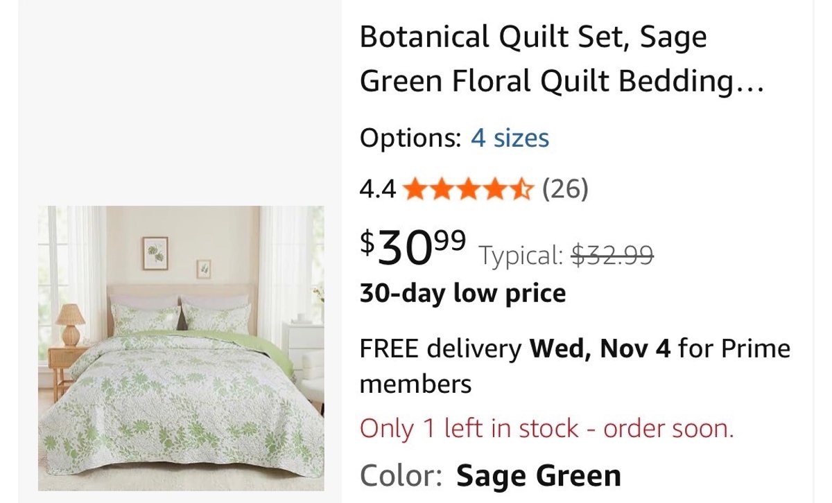 Botanical Floral Quilt Set, Sage Green - Est. Retail $30.99