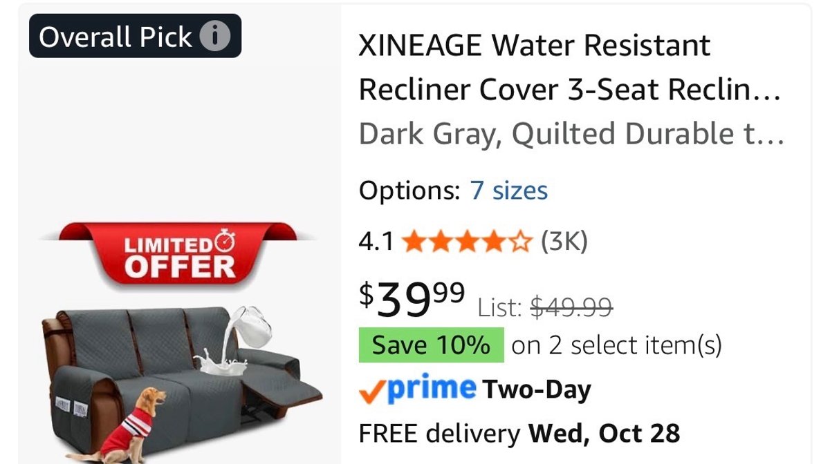 XINEAGE 3-Seat Recliner Cover- Est. Retail $49.99