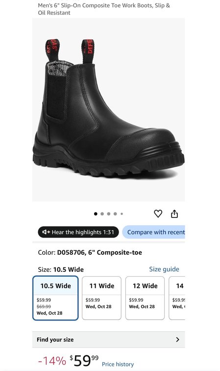 Men's 6" Slip-On Composite Toe Work Boots, Size 10.5 Wide- Est. Retail $60