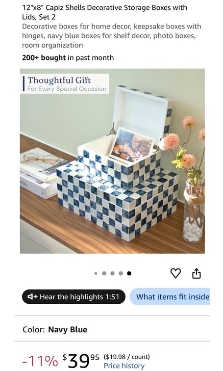 Set of 2 Navy Checkered Capiz Shell Storage Boxes- Est. Retail $40