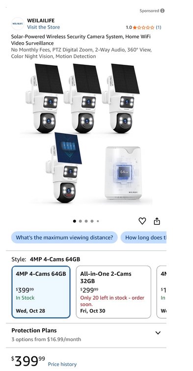 WEILAILIFE Solar Wireless Security Camera System- Est. Retail $400