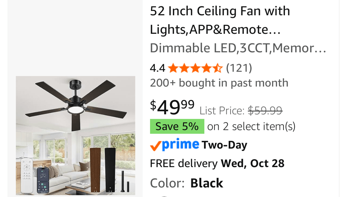 52-Inch Ceiling Fan with Light and Remote- Est. Retail $49.99