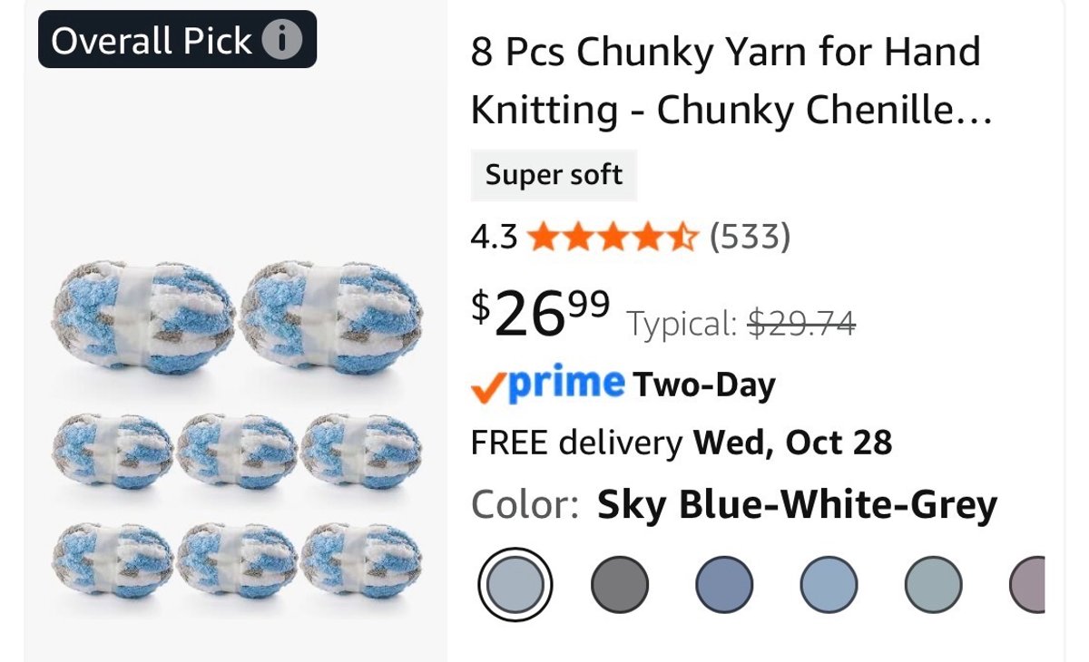 8-Piece Chunky Chenille Hand Knitting Yarn, Sky Blue-White-Grey- Est. Retail $26.99