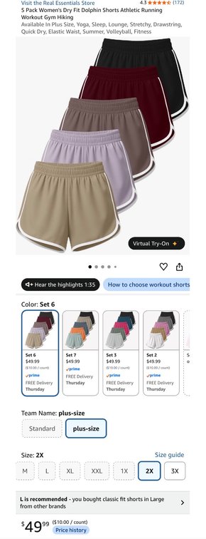 Real Essentials Women's Dolphin Shorts 5-Pack 2X - Est. Retail $49.99