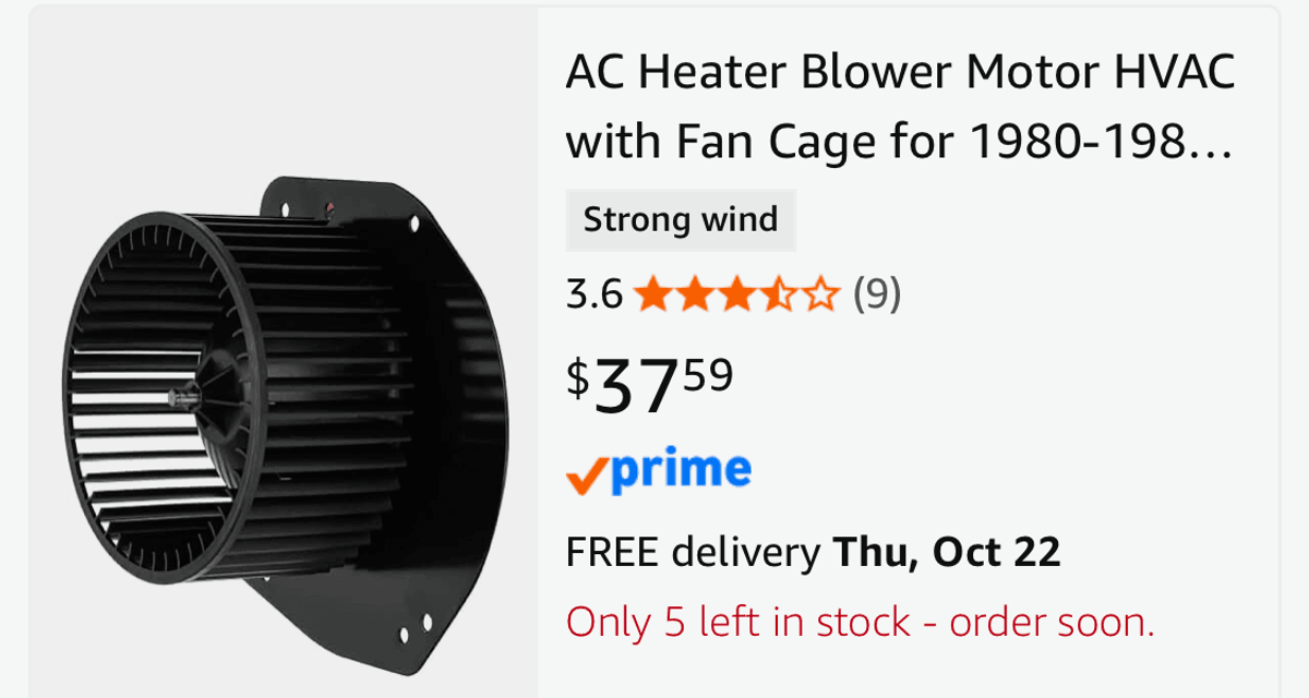 AC Heater Blower Motor with Fan Cage - Est. Retail $37.59